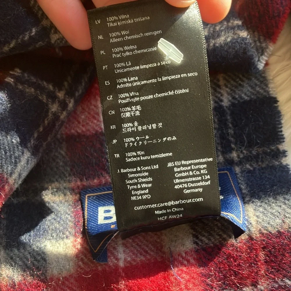 Barbour Red and Navy Plaid Tartan lambswool Fringe Scarf